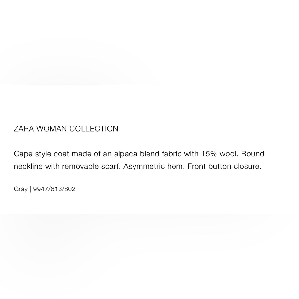 ZARA ALPACA BLEND CAPE COAT WITH SCARF ZW COLLECTION, size MEDIUM, NWT - Picture 13 of 13